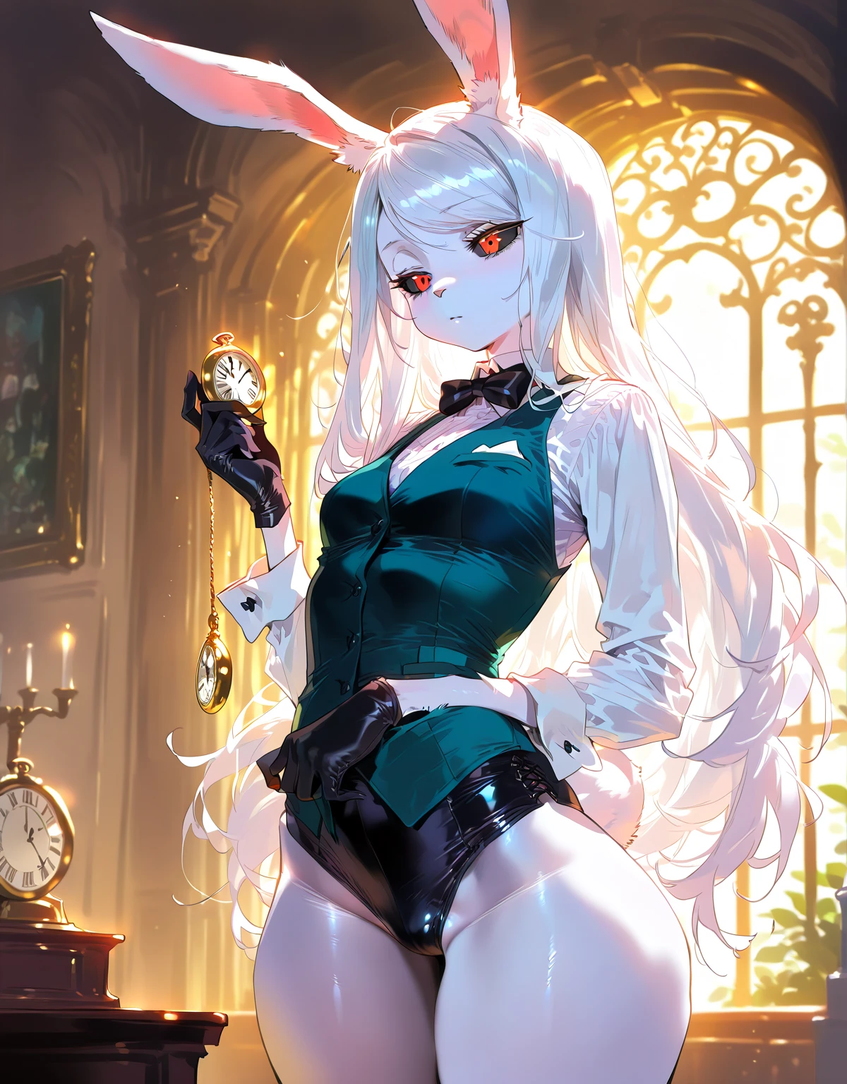 ((Best Quality)), (ultra-detailliert), ((Extremely detailed)), (Beautiful), ((Kawaii Girl)),(two side up hair)、((masutepiece)), ((Platinum Blonde Hair)), Long hair, hair between eye, Wavy Hair, Long sideburns, Jade-colored eyes, White skin, Colossal tits、(Rabbit ears), Slender body, ((Black Playboy bunny)), Fishnet tights, High heels , Casino, Standing, One Woman, Anime
