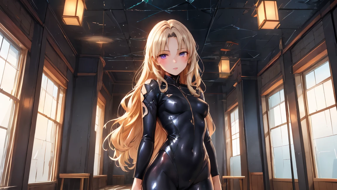 Masterpiece: 1.2, best quality, realistic, (real image, intricate details, depth of field), beautiful blonde woman, she has stunning blue eyes, highly detailed, perfect face, (huge breasts: 1.3), (skin dentition), thick thighs, wide hips, small waist, tall, (huge ass: 1.1), blushing, sexy, nijistyle, colorful, superhero bodysuit