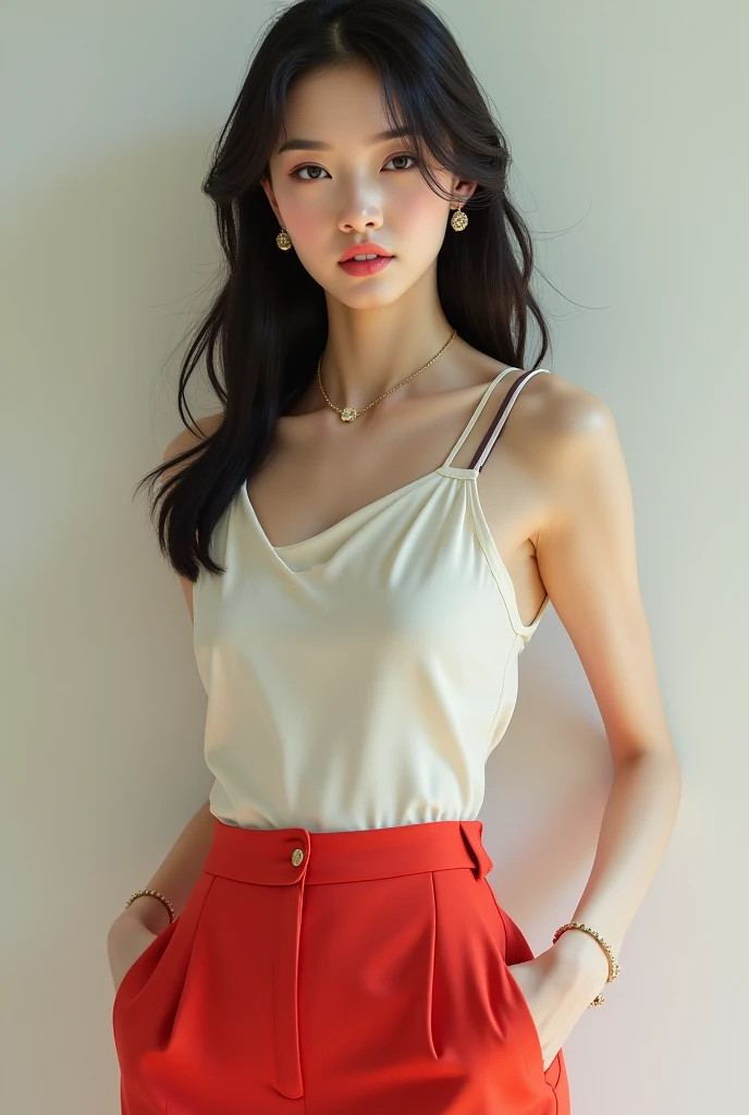 1 person only, 8K RAW photos, 22-year-old Korean model ,167cm, slim body , perfect breasts ,fair skin, soft body, masterpiece blouses, eyes beautiful in detail, beautiful double eyelids, slit eyes, long low ponytail hairstyle that reaches waist level