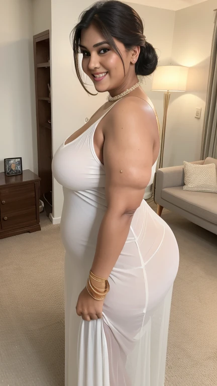 (zoom in), (masterpiece), 4k artwork, (hyper realist), Beautiful elderly woman, 65 years old, grandmother, Female teacher, with an incredible body wearing a white swimsuit with a gold garter belt on the thighs with bronze and gold details, with her back to the camera showing a huge ass, Very slender waist, wide hip, linda grandmother, beautiful old woman, night and urban scenery with bokeh and flares on camera