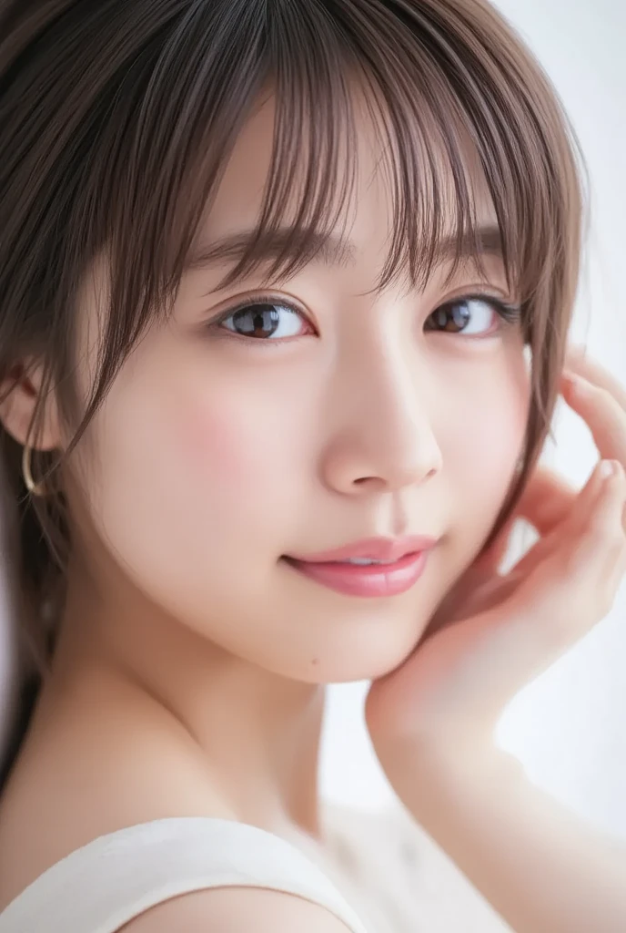 (8k、masterpiece, highest quality, High resolution,super resolution,Super detailed)、 1 girl、 alone、(close up head shot:1.3)、round face、slim、(flat body)、cute、、ruffle dress、jellyfish girl、close your mouth、blue background