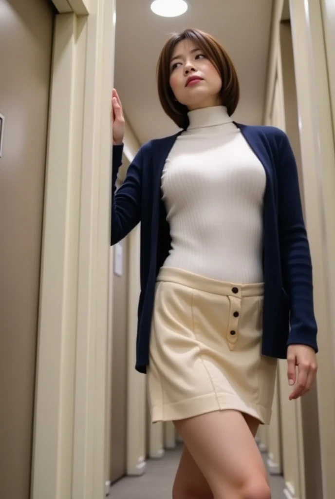 ((Masterpiece)), ((Best Quality)), A middle-aged short-hair woman,  ((from below)), (((upskirt))), wearing a skirt, you can see her panties
