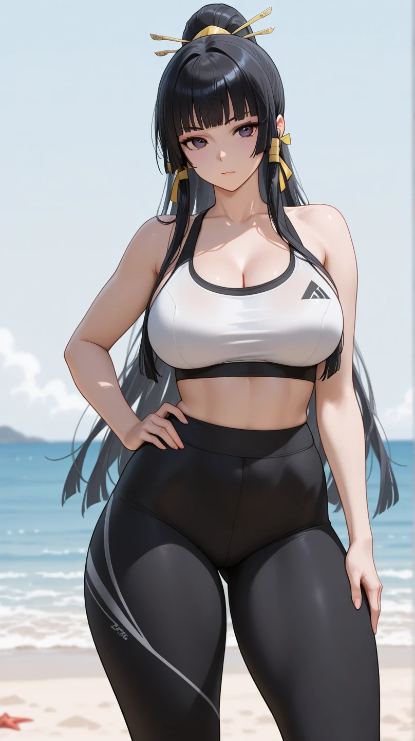 ((masterpiece)), (bestquality), ((ultra-detailed)), depth of field, (dynamic angle), (beautiful detailed blue eyes), 1woman, ((full body portrait)),((voluminous long black hair styled into one single long braid down to her waist)), perfect Body, ((medium bust, cleavage)), smiling, (Beautiful woman wearing a gym outfit, Yoga pants, inside a gym), (toned and slender body), black hair, (sexy abs:1.3, cleavage), gym_outfit, bracelet, necklace, bulge, taking a Selfie,