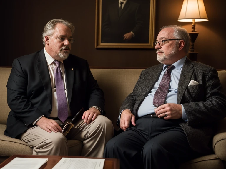 2men, fat professors male 60yo, fat ugly faces, goatee, few short hair, little rounded eyes, suit and tie, sitted on a sofa, confidential informal attitudes, intense look of understanding, legs apart, ((masterpiece, best quality, hyper detailed, cinematic light , intricate details , hi-res, extremely detailed )), 8k uhd , dslr , soft lighting , high quality, film grain , sony lens, full body wide scene , natural light, perfect faces, use 1080p quality