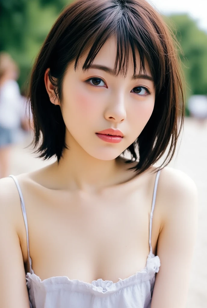 、(masterpiece、Highest quality)、Highest quality, Ultra-high resolution, (((masterpiece))), alone, Sweat、Big eyes, Sleeveless、Outdoor、Floral Dress、Composition from the front、(後ろCut your hair short、short hair、bionde、woman)、Shortcuts、Embarrassed face、Cut your hair short、Cute woman's 、Big Breasts、Browsing Caution