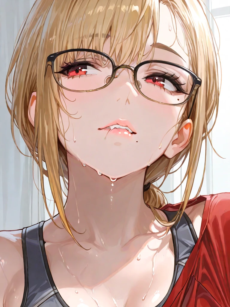 (masterpiece:1.5)、(highest quality:1.5)、(8K:1.2)、(Super detailed:1.2)、(photorealistic:1.2)、(ultra high resolution:1.2)、(Highly detailed and realistic skin:1.2)、(Very detailed and clean sharp eyes:1.2)、(On the bed at home:1.2)、(bright lighting:1.2)、(Couple having intense sex:1.6)、(having intense sex from behind:1.5)、(Overflowing sperm:1.2)、break、18 year old beautiful naked woman、(beautiful eyeliner)、(beautiful eyeshadow)、natural color lip、(Black see-through camisole:1.5)、break、(Black glasses:1.5)、break、(Blonde half updo hair that covers one eye:1.3)、break、medium beautiful breasts、(ecstasy:1.6) ,(slut:0.8),(vulgarity:0.8),(fucked silly:0.8),(steam:1.0),(wet:1.2),(trembling expression:1.8),(tears:1.2) ,(drooling:1.2),(sweat:1.2),(spoken heart:1.4)