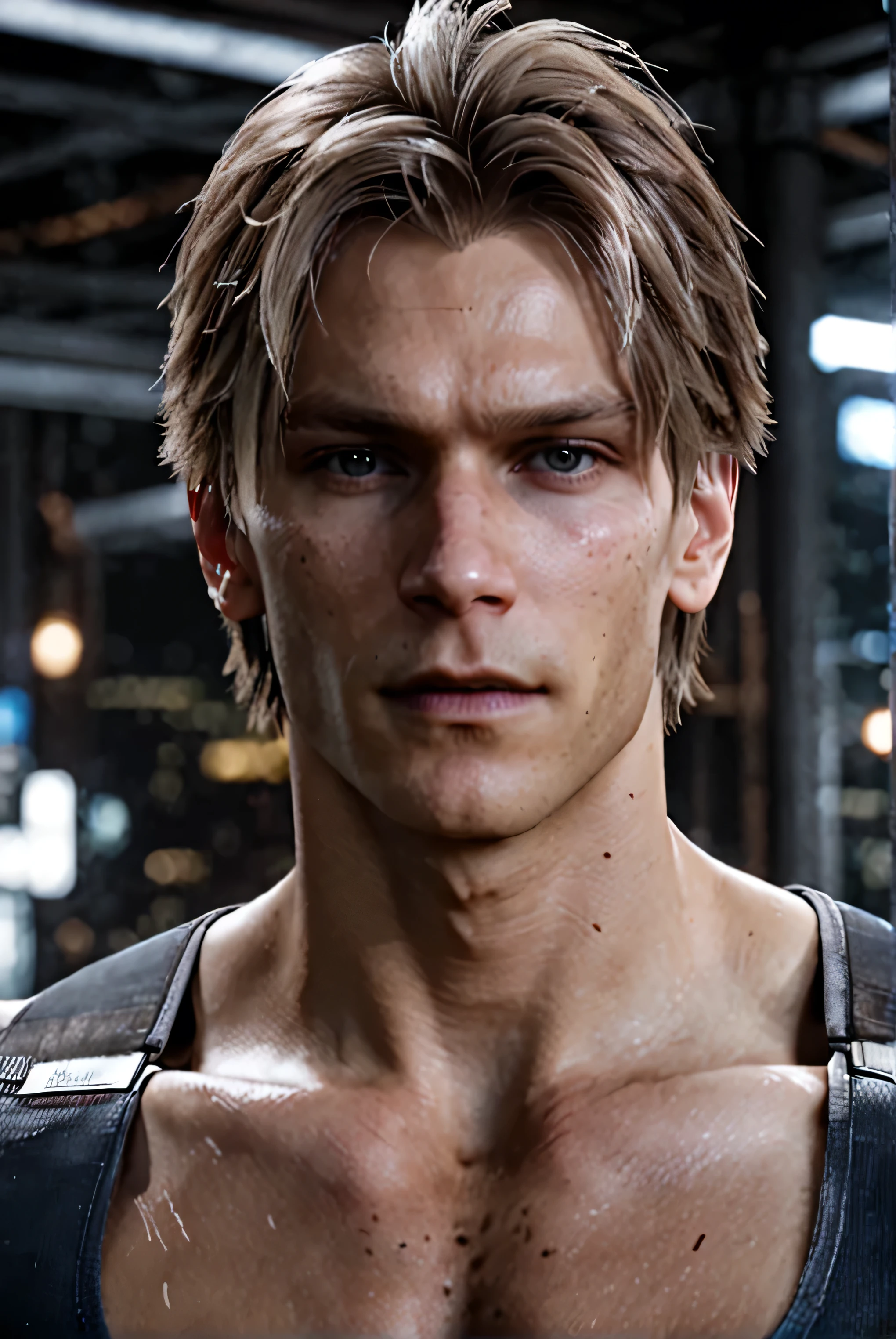 Detroit become human style, half Android, extremely handsome male, fit body, intense gray eyes, dark blonde hair, looking at the viewer, 8k, HD, detailed, gorgeous, poreless skin, white skin, long hair, Messy Hair,