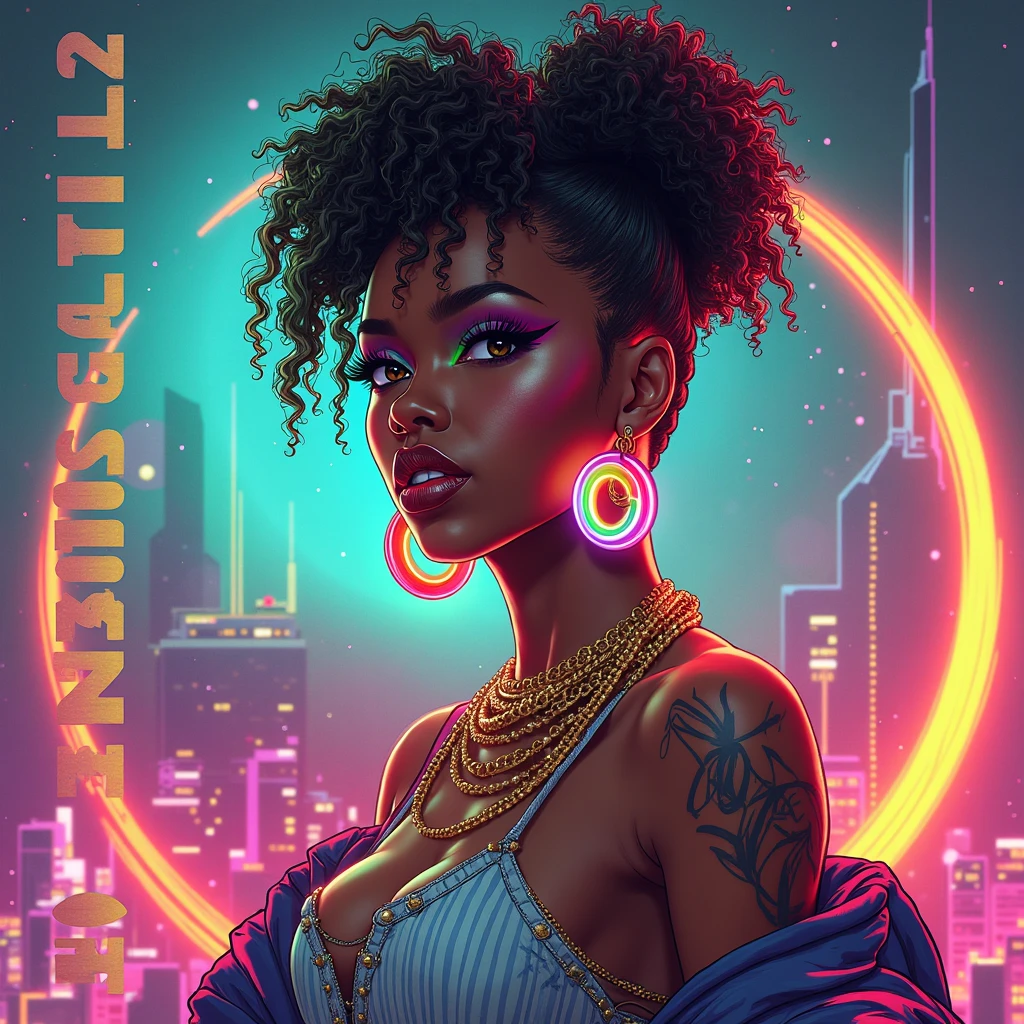 Digital illustration, (close-up, character on the right) A modern and elegant black woman, in the style of jazz, looking at the camera and forward, dramatic lighting, colored and abstract flat background, no text, (predominant colors: black, dark blue, green, yellow)