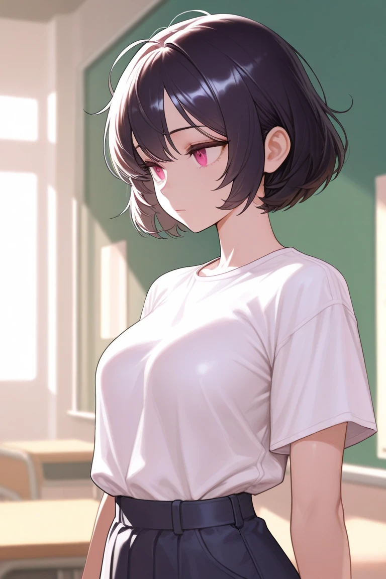 Sexy and cute woman, short black hair, bob style, kind soft delicate eyes, expressive eyes, seductive gaze, deepest pink blush, glossy red lips smiling parted, plump, long neck, visible collarbone, medium chest, white t shirt with black graphics tucked into black shiny pants, pinned against a wooden wall, intimate moment