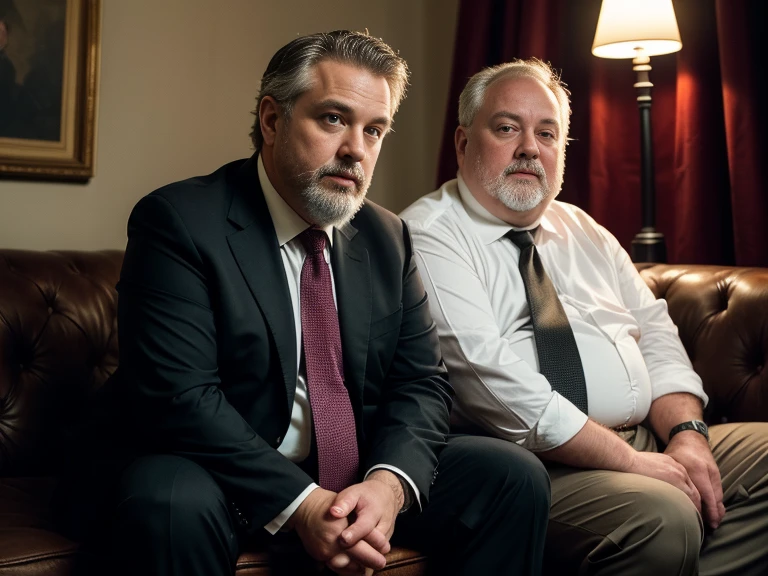 2men, fat professors male 60yo, fat ugly faces, goatee, few short hair, little rounded eyes, suit and tie, sitted on a sofa, confidential informal attitudes, intense look of understanding, legs apart, ((masterpiece, best quality, hyper detailed, cinematic light , intricate details , hi-res, extremely detailed )), 8k uhd , dslr , soft lighting , high quality, film grain , sony lens, full body wide scene , natural light, perfect faces, use 1080p quality