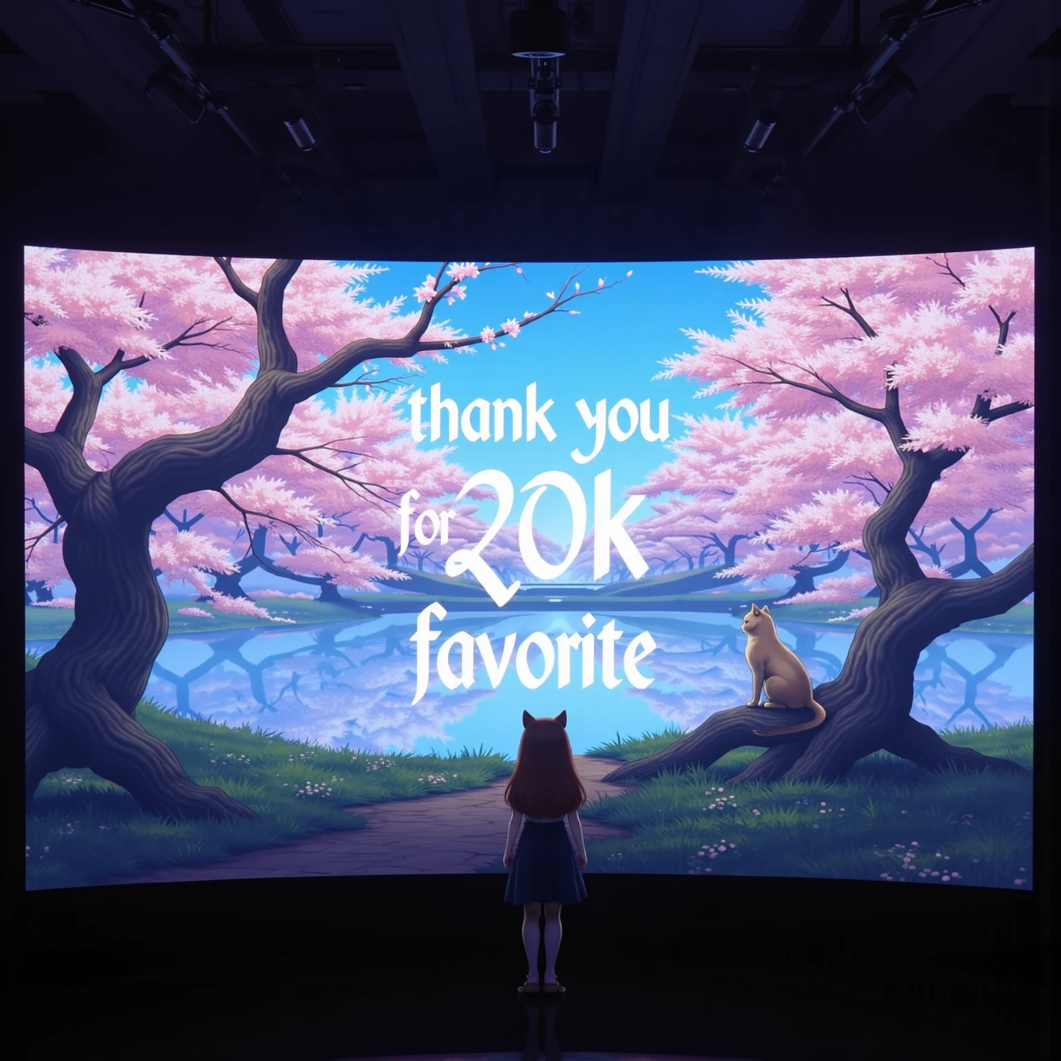 
(((article, "Thank you for 20K favorite ", Add text"Thank you 20K favorite", hologram huge font,))) 桜,猫