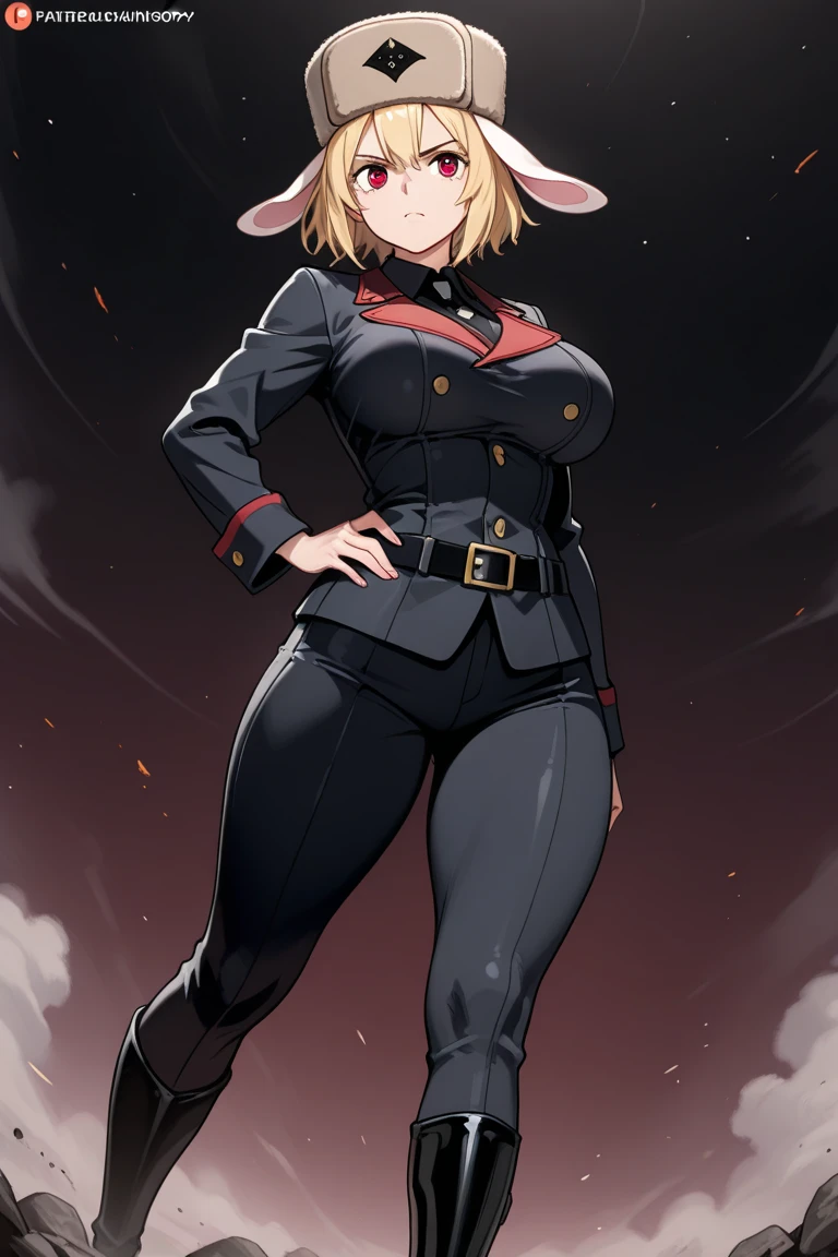 Hellsing Ultimate, Seras Victoria, 1girl, ((bimbo))), short blond hair, blue eyes, puffy lips, thick lips, kiss lips, cute smile, wide hips, thick thighs, enormous round fake breast, huge ass, police uniform, white panties, standing up spreading legs, full body, posing