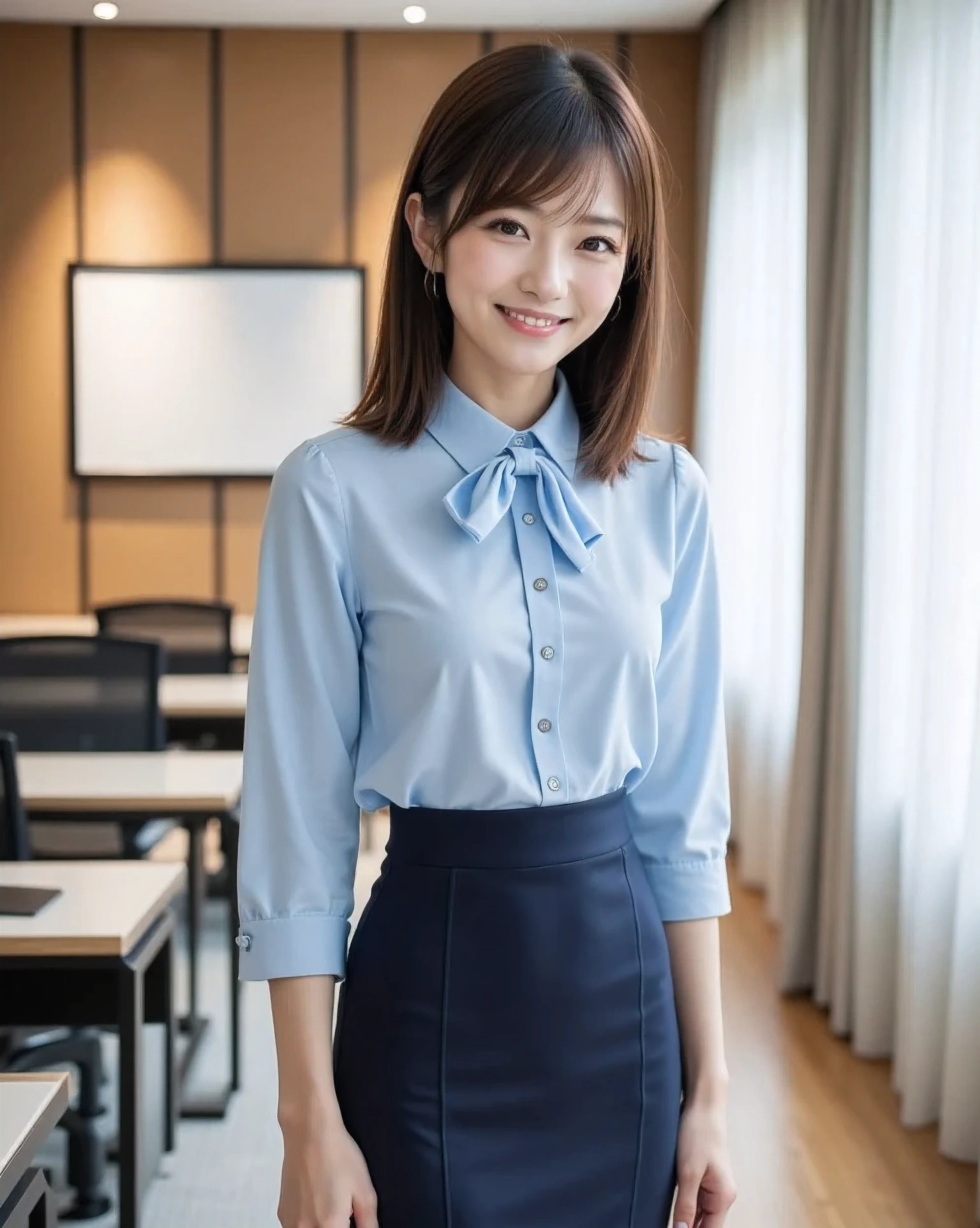 (Photorealism: 1.2), (A very beautiful 25-year-old Japanese woman),
(A pretty oval-shaped face),
(Slender figure, slim waist),
(Straight medium-length brown hair in a ponytail),
(A tight, midi-length dark navy pencil skirt),
(A light blue bowtie blouse),
(Smiling calmly, looking at the camera),
(A bright conference room, a waist shot from the side)