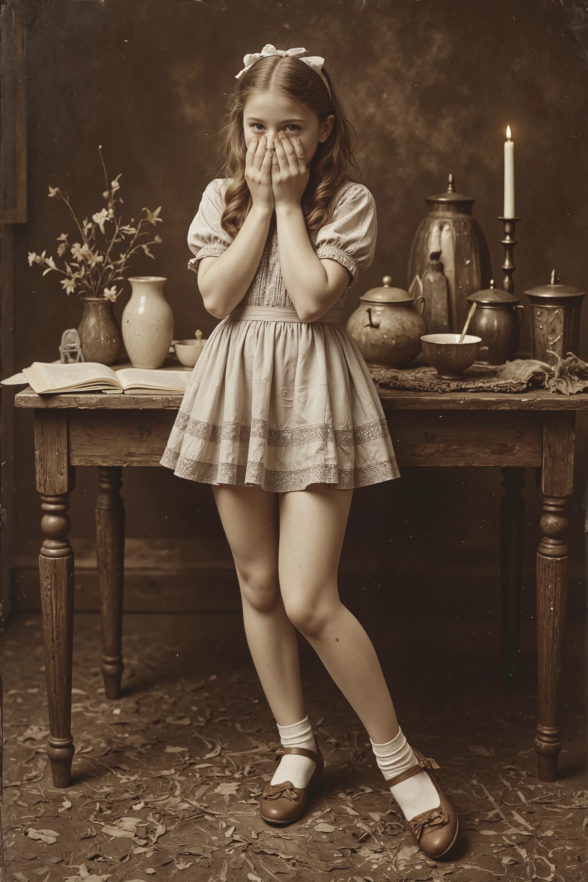The Wandering Whore of Oz,
antqgldnCE style,
nsfw,
for Adult,
Photorealism,
((A scene from a live-action movie)),
Incredibly detailed,
19th century photo, antique photo, sepia toned photo,
A fable for adults,
A full-body photo of Dorothy,
a very young girl shyly covering her cheeks with her hands,
