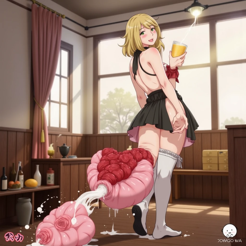girl, full body, beautiful face, freckles, pee, peeing, pussy, mismatched legwear, white thigh highs, black thigh highs, black tie, short blonde curly hair, green eyes, red skirt, skirt lift, no panties, puffy sleeves, short sleeves, white shirt, looking at viewer, smiling, pussy juice trail, pussy juice puddle, coca-cola, white background, spread legs, drooling