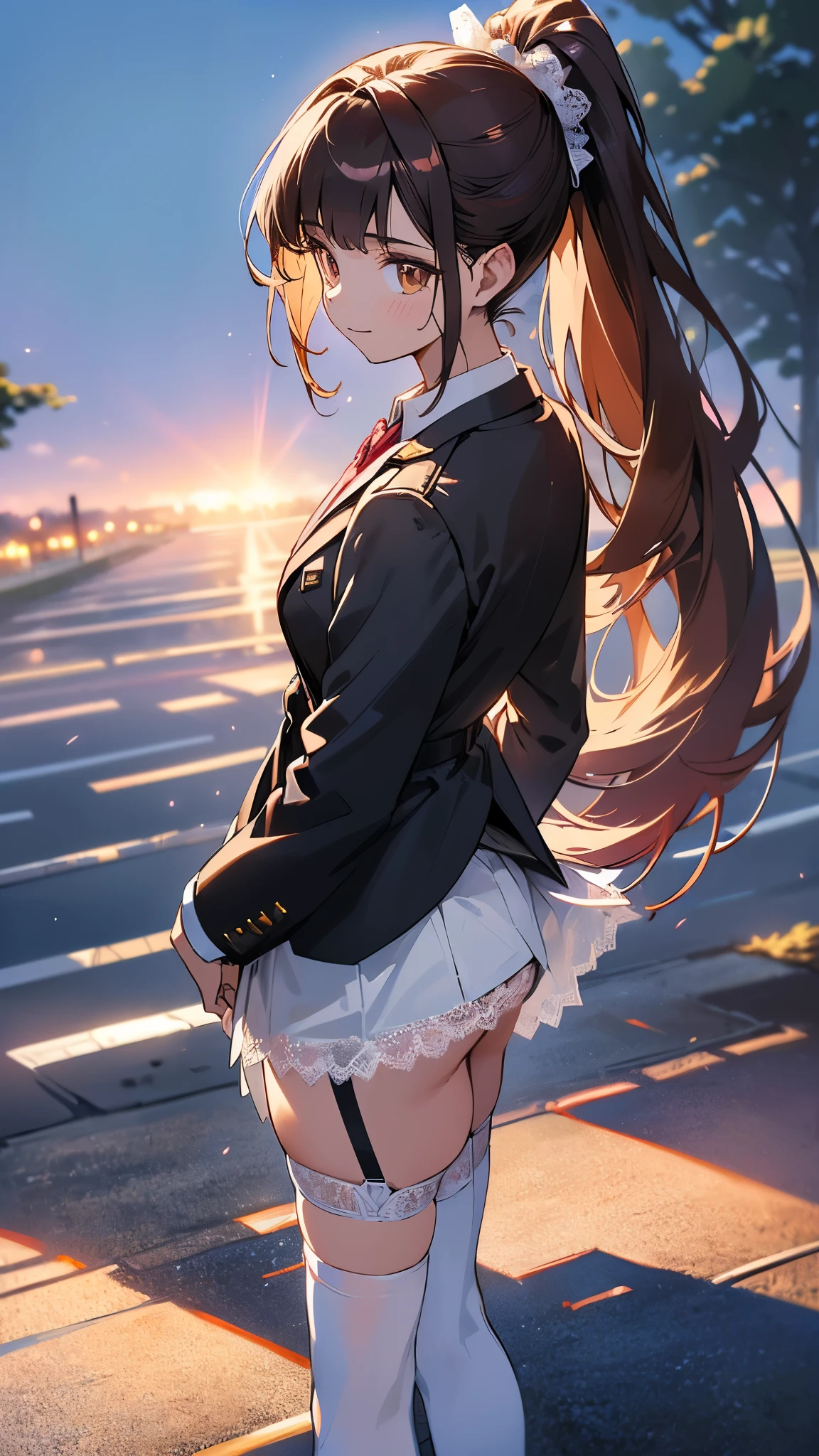 Brown hair、(Brown Eye Degree:1.5)、One side up、Hair Ribbon、bow ribbon、long、Break the blazer、a blue skirt、jaket、Otonokizaka Uniform、pleatedskirt、student clothes、Winter clothes、BREAK (masterpiece:1.2)、top-quality、hight resolution、unity 8k wall paper、(illustratio:0.8)、(beatiful detailed eyes:1.6)、extra detailed face、Perfect litthing、Highly detailed CG、 (perfect hand、perfect anatomia)、Look at viewers、red blush、piece sign、Stand on the stairs, (On the stairs), (lower body shot), Thigh Focus, (Taken from the bottom 1.3), (View from behind1.3)、 (white panties:1.3)、(Skirt that rolls up:1.3)、(Fully exposed panties:1.5),(Show your ass:1.3)、(Micro underwear made of white ribbon、no-cloth panties:1.1)