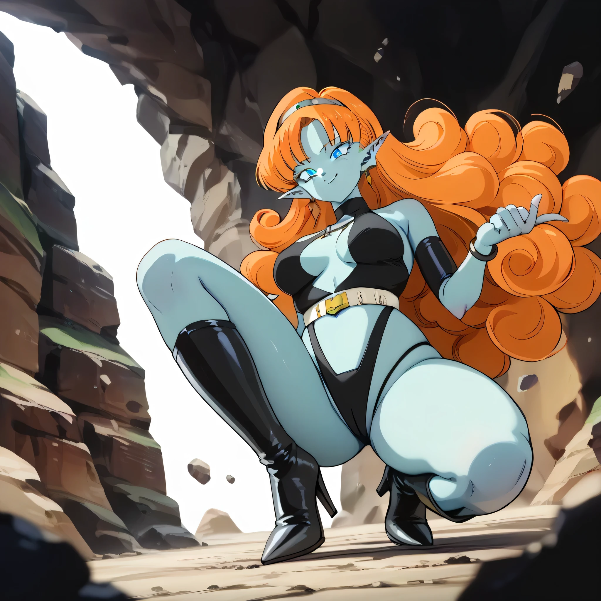 (((Masterpiece))), (((Best Quality))), ((Super Detail)), ultra-High resolution, score_9,score_8_up,score_7_up,score_6_up,score_5_up,score_4_up, BREAK, source_anime, anime screencap, uncensored, rating_explicit, Masterpiece, (best shadow), (absurdres), (detailed background), (very aesthetic), shiny, detailed beautiful eyes, outstanding, countershading, detailed soft lighting, an exquisite animation illustration, curvy, dark persona, empty eyes, expressionless, blank eyes, looking at viewer, full body, emotionless, Fighting Stance, horizontal pupils, (((black leotard, clothing cutout))), high heel boots, knee boots, circlet, armlet, bracelet, belt, halterneck, (((solo, 1girl))), hair ornament, seductive pose, submissive pose, medium breast, zangya (dragon ball), orange hair, blue skin, long hair, very long hair, blue eyes, blue skin, colored skin, pointy ears, curly hair, big hair, jewelry, necklace, smile, hand on hair, looking from below, from below, view from below, step on viewer, foot focus