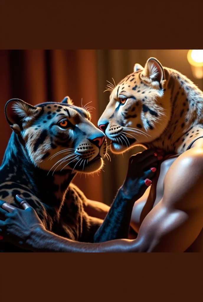 Half White tiger and half man human kissing a man naked, cruise, man having sex with other man. Nighttime , white party, gay flag