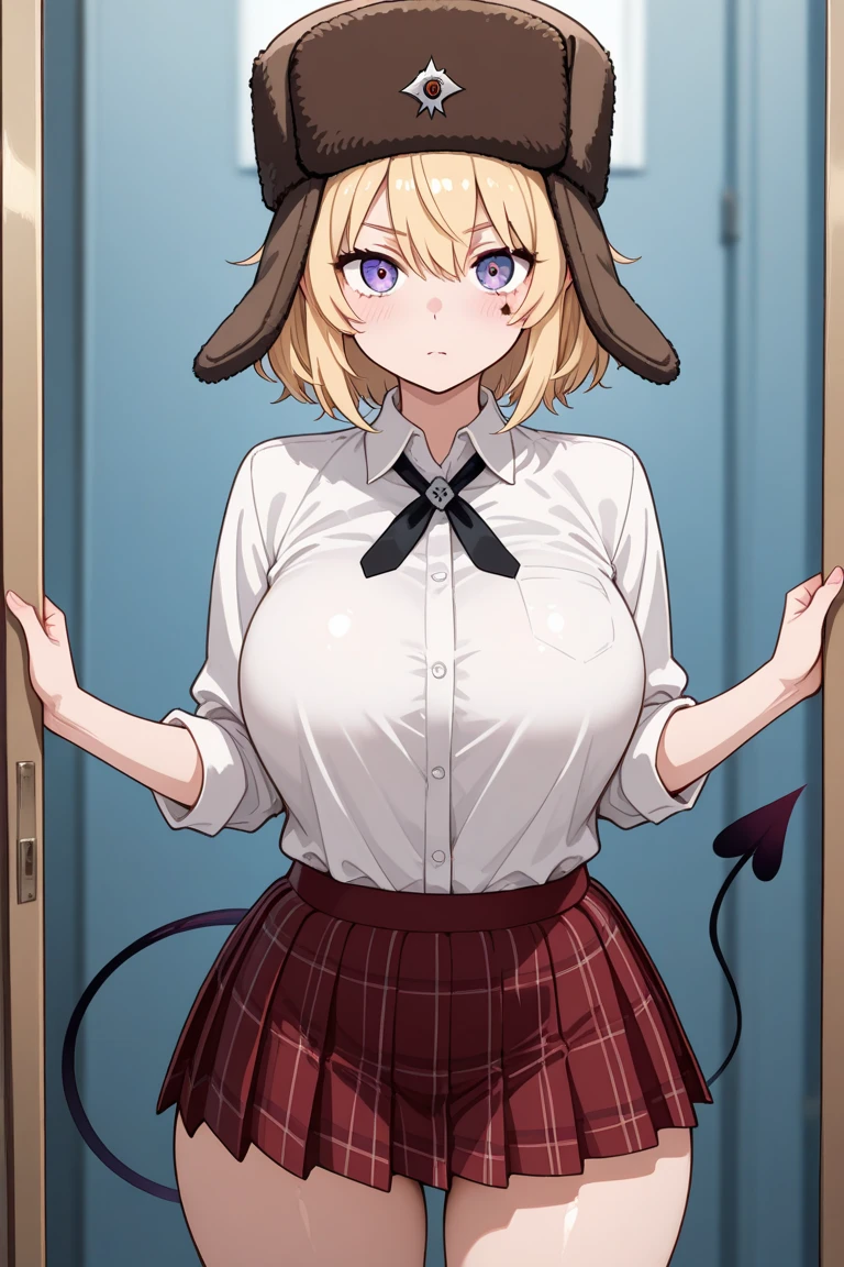 master-piece, bestquality, 1girls,16 years old, View viewers from the up, sit down, leaning forward, horny, HD, slight smile, big tits, cleavage, short orange hair, tights cloth, crop top, miniskirt, heart shape pupille, horns, tiny body, wear glasses,