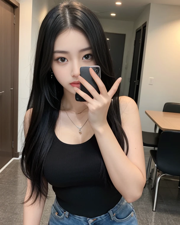 ((realistic lighting, highest quality, 8K, masterpiece, medium shot: 1.3)), clear focus: 1.2, 1 girl, perfect figure: 1.4, plump bust,((Long black hair)),((With bangs)),(white tank top: 1.4), In the changing room with lockers, Sitting on the mat、white ankle-length socks,white sneakers,super fine face, fine eyes, double eyelid,(dark gray flared mini skirt), open your legs,The skirt is flipped up and the white panties are visible.,He has a black smartphone in his right hand.,Taking a selfie with his arm outstretched holding his smartphone,Your face is hidden by your smartphone,left hand is on the floor