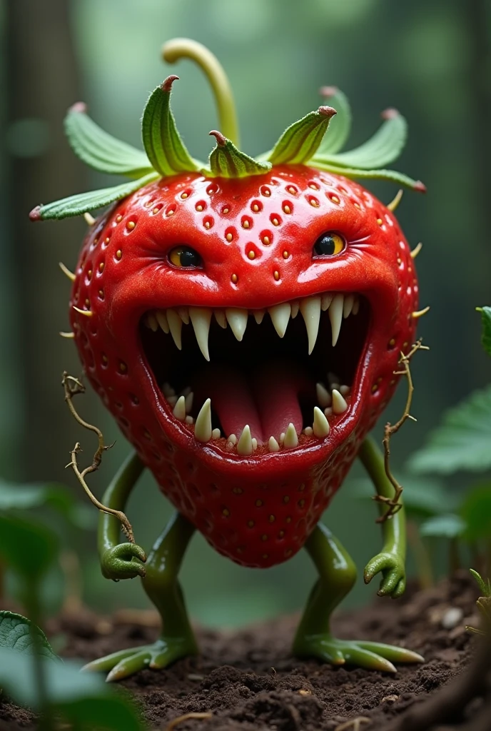 There is a red monster with a leaf on its head., fight with strawberries, Tomato Monster, Fruit Monster, strawberry ninja, Plant Monster, a Plant Monster, holding a giant strawberry, Cacodemon, Fairy Fruit. Octane Rendering, japanese cgi, strawberry, In a threatening pose, Awesome CGI, CGI Special Effects, Ultra-realistic fantasy monsters