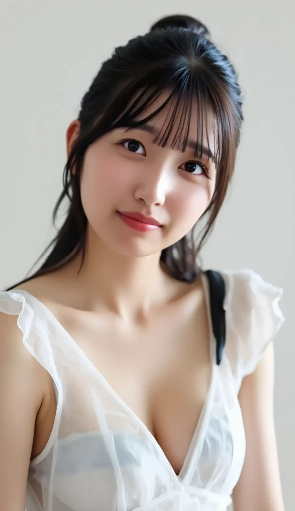 （(Female Student Uniform)), White blouse shirt with collar、Ribbon Ties、 flat breast、Small breasts）String panties、Classroom corridor, Wet crotch, A smile, (in 8K, Raw photography, top-quality, ​masterpiece: 1.2), ​masterpiece, The ultra-detailliert, 超A high resolution, (Realistic and realistic photos: 1.37), high-definition RAW color photography, extremely delicate and beautiful, ighly detailed, 8K Wallpapers, astonishing, detaileds, extremely detailed eye, highlydetailed skin, extremely detailed fingers, highly detailed nose, highly detail mouth, perfect anatomia,full body Esbian, a wet body,, Sheer feeling、Transparency（Nipple head visible on the shirt、Protruding areola,）、Extremely small panties（V-string、pubic hair sticks out）、front facing