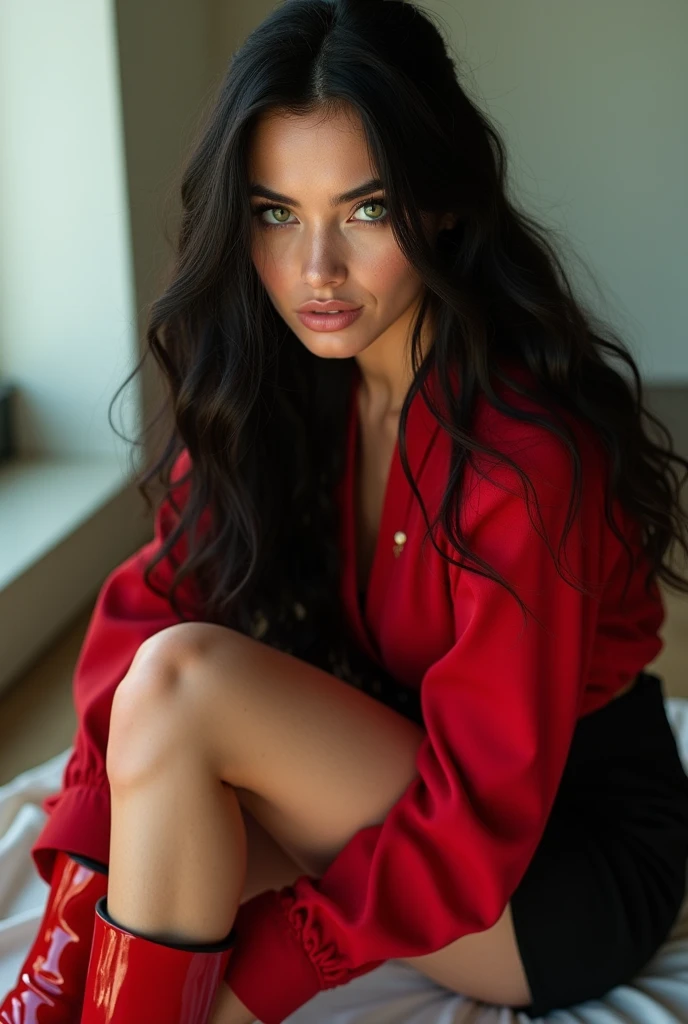 There is a woman in a red sweater standing leaning against a wall., posing like a falling model, sensual, with a cheeky, Making a majestic and hot pose, very pose sexy, promotional session, Looking from the side!, half body shot, filmed in the photo studio, pose sexy, general full body shot, shot from the side, full body photo shoot, lying down, Profile picture, medium body shot