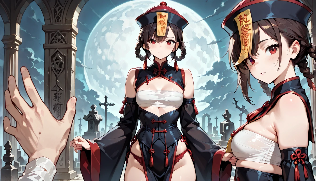 Wear a kimono with a skeleton pattern,Naked Women,Large Breasts,Big Breasts,There is a torii gate in the background.,The genitals are visible,