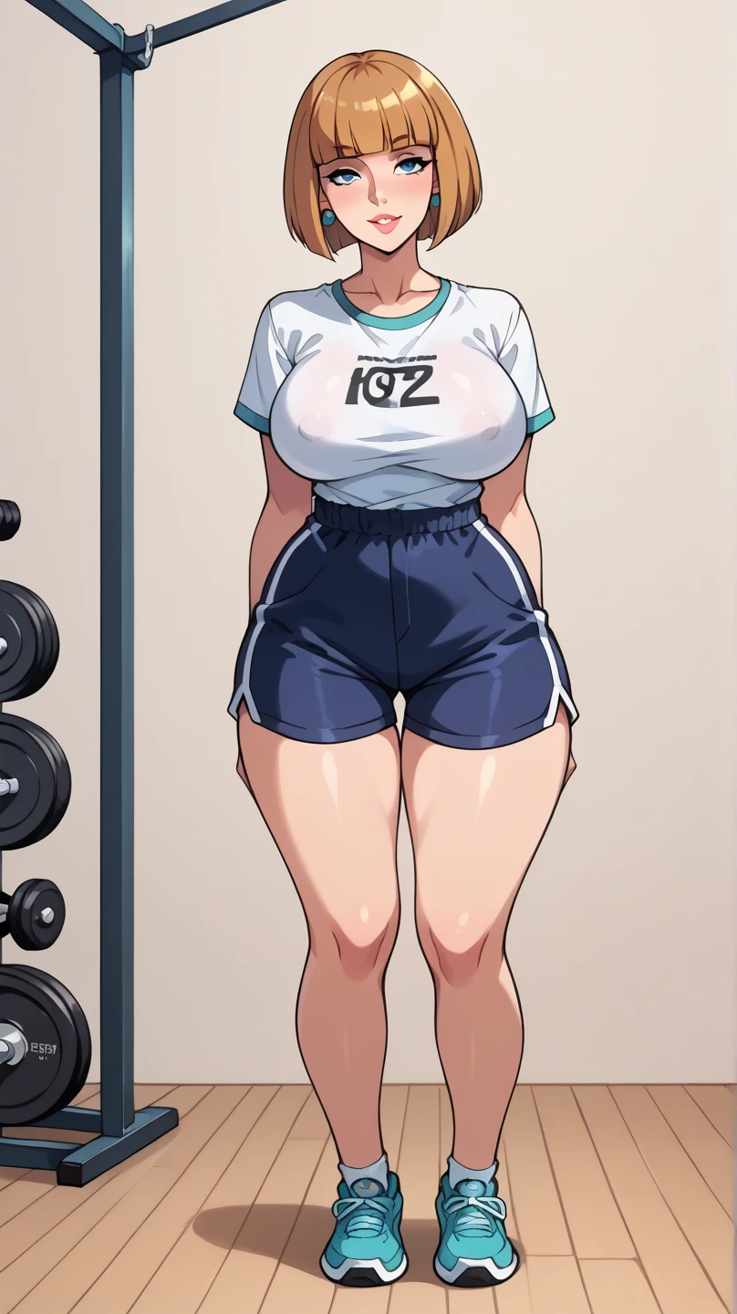 (masterpiece, best quality, highly detailed), 1girls, big belly, huge belly, art by kipteitei, round belly, chubby, curvy, belly grab, enormous belly, fat belly, thicc, bigger belly, really big belly, jiggly belly, glasses, gym clothes, ((sweating)), very tight breasts, ((full body)), (grown up), milf, flandre scarlet