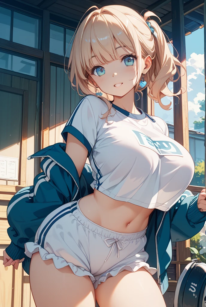 eliayase, eli ayase, yellow hair, blue eyes, ponytail, hair ribbon, masterpiece, best quality, high resolution, unity 8k wallpaper, illustration, beautiful detailed eyes, blush, glossy lips, lips parted, perfect lighting, extremely detailed CG, perfect anatomy, cheerleader, midriff, cleavage, sitting, grass