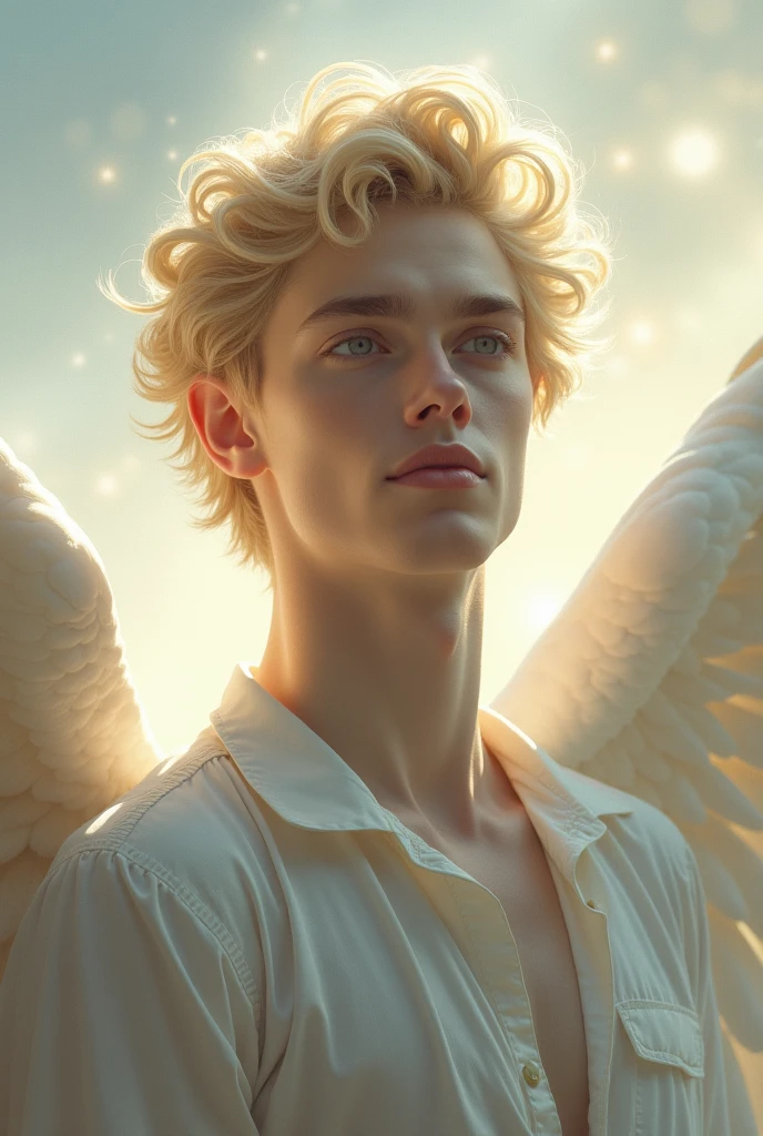 Good looking and sexy white guy、Angel's wing、Slightly long blonde upper body image、Looking at the front-facing camera、Upper body naked、Background white light、Background blue sky with rainbow、Smiling a little