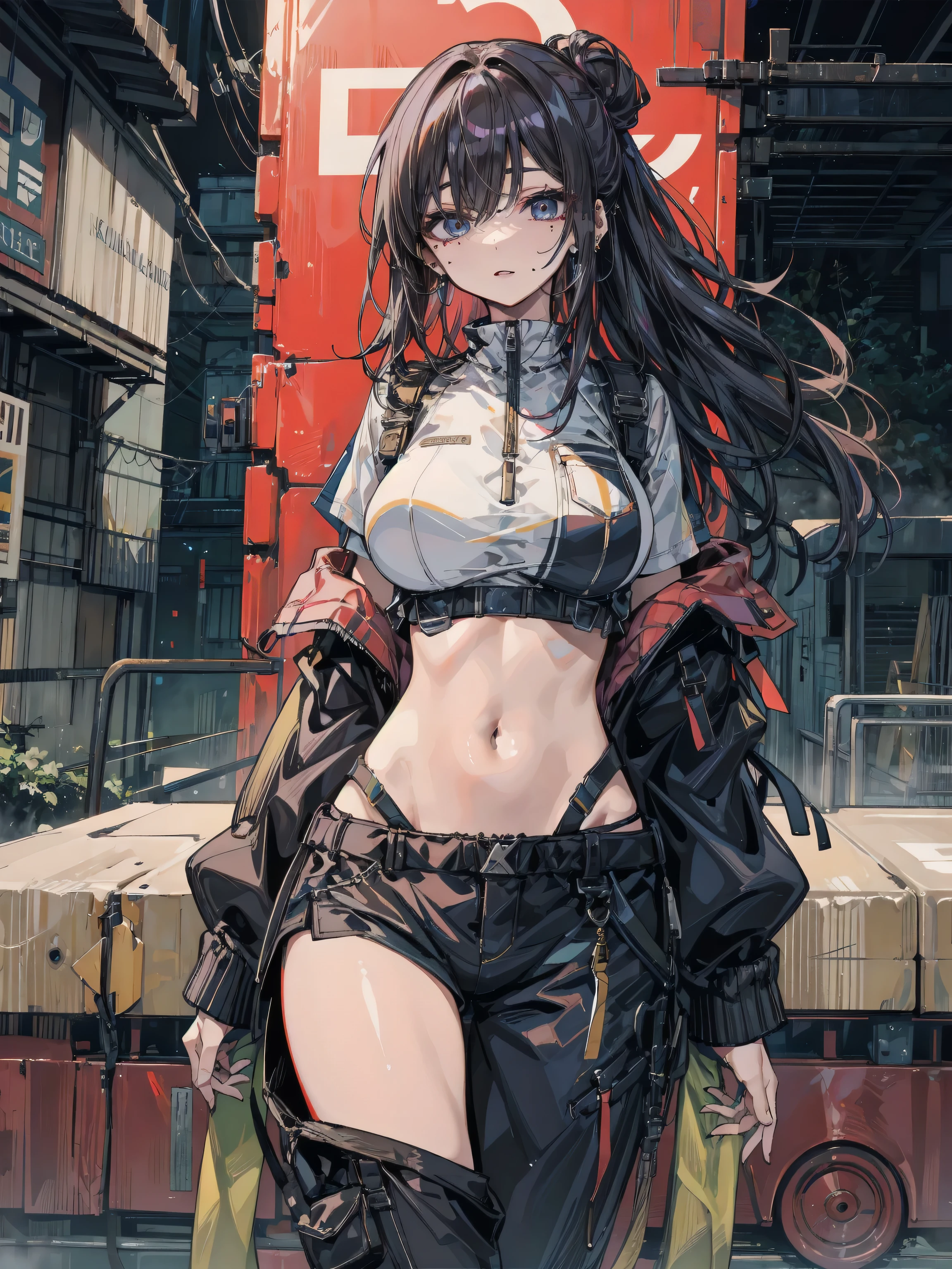 1 girl, close up photography, (by white, medium hair, big breasts, Red eyes), perfect anatomy, city, cyberpunk style, ((White shirt, black jacket, black skirt, belly button, belt, black gloves, tie, wristwatch, earrings, see through black leggings)).