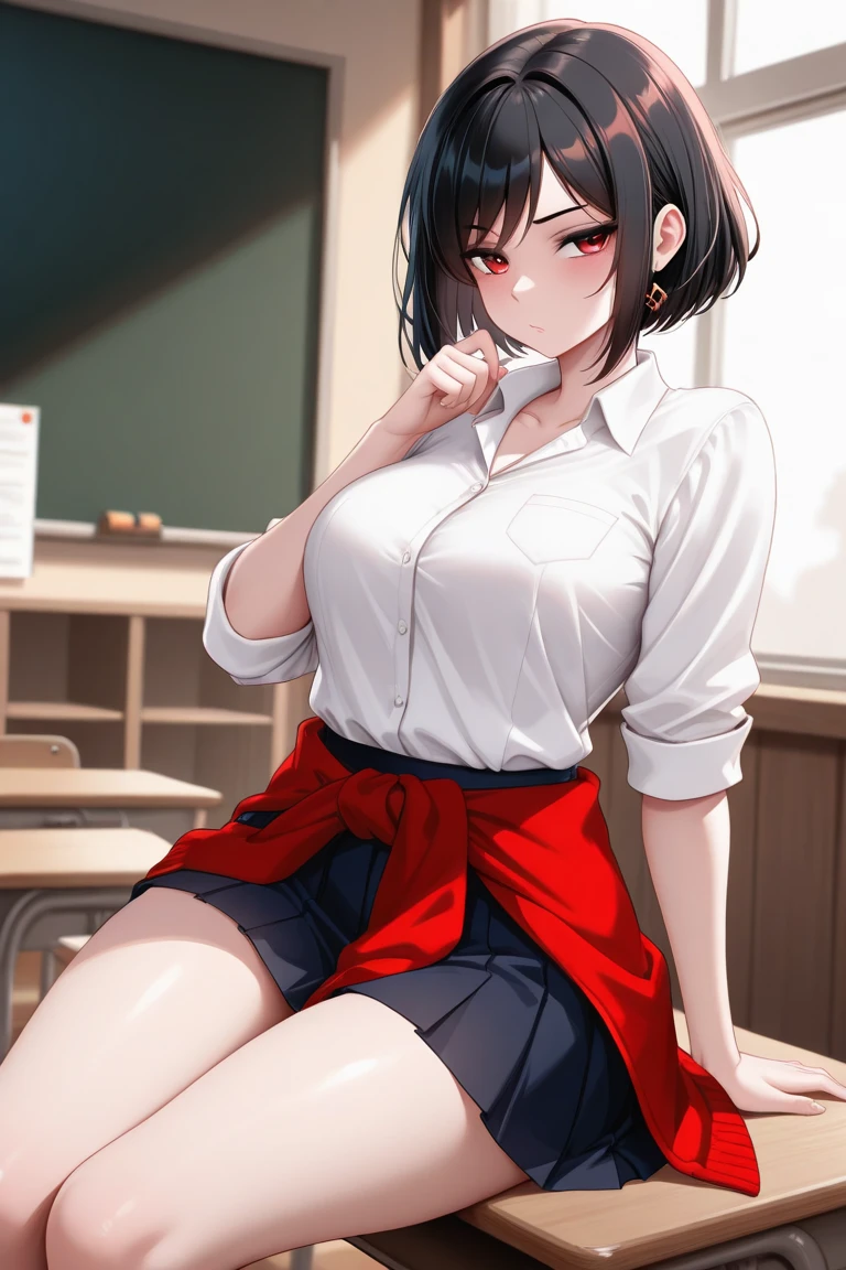 Yukino /hot girl / big ass / big boobs / blue eyes / red blushes / moan / mouth open / white shirt small/ black short skirt / black tall socks / big thighs / silver hair / 1 girl / in house