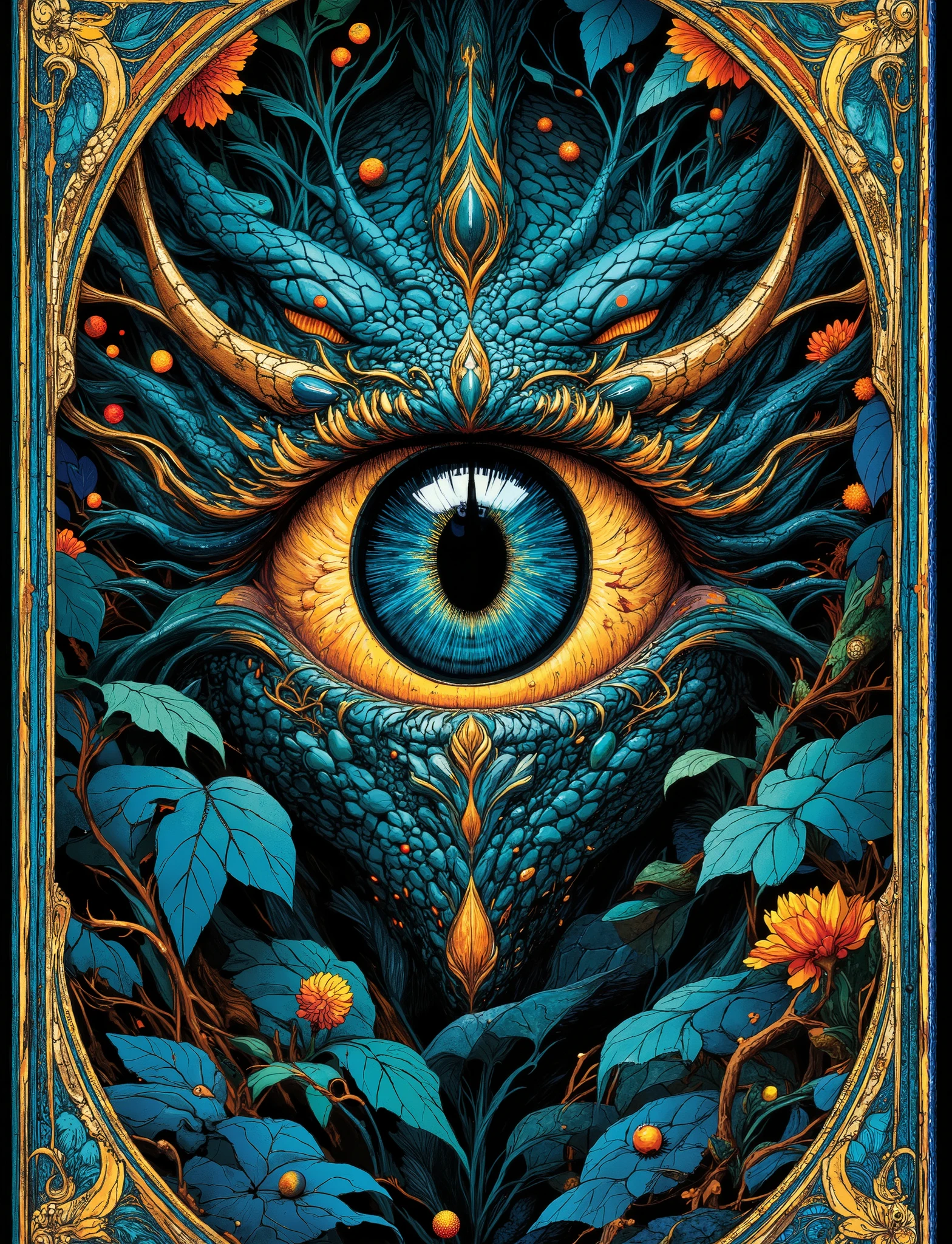 The eye of a dragon looking out of a dense thicket. Narrow pupil. Stylization. Intricate details, bright colors, surreal art, fantasy, digital painting, high detail, spectacular lighting, Art Nouveau elements, ornament, leaves, blue and gold accents, mysterious, elegant style of Ingerian art.
