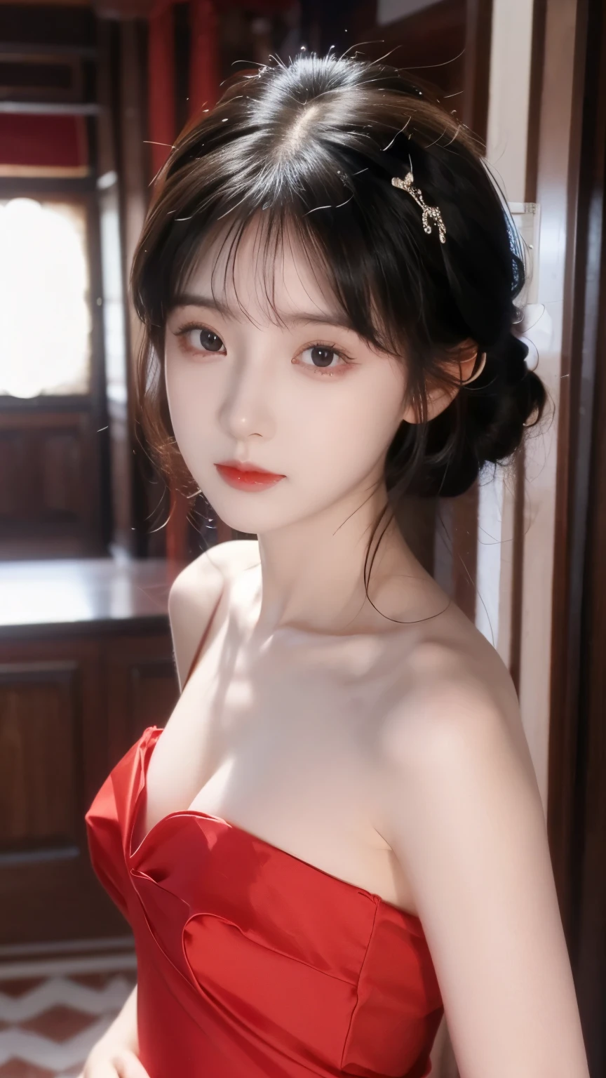 Impeccable ,(((From above))),(((Eight degrees shooting ))),ultra-high definition,Volumetric Lighting,Realistically , Very cute, Lovely Lee,Very Shy,highlights her sexiness, fair and tender , Very delicate eyes , her delicate nose , delicate little ,one of the beautiful girls, Adorable Female , round little face ,(external),Bare Shoulders,Smooth and Delicate Skin,red dress