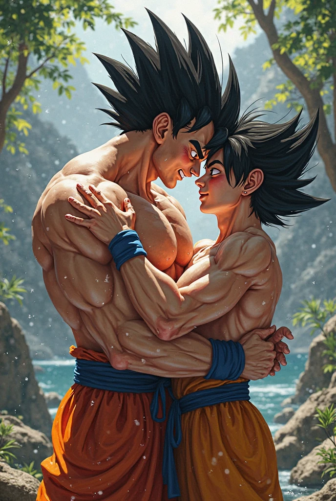 Goku and Vegeta kissing (shirtless both of them, with jeans and barefoot)