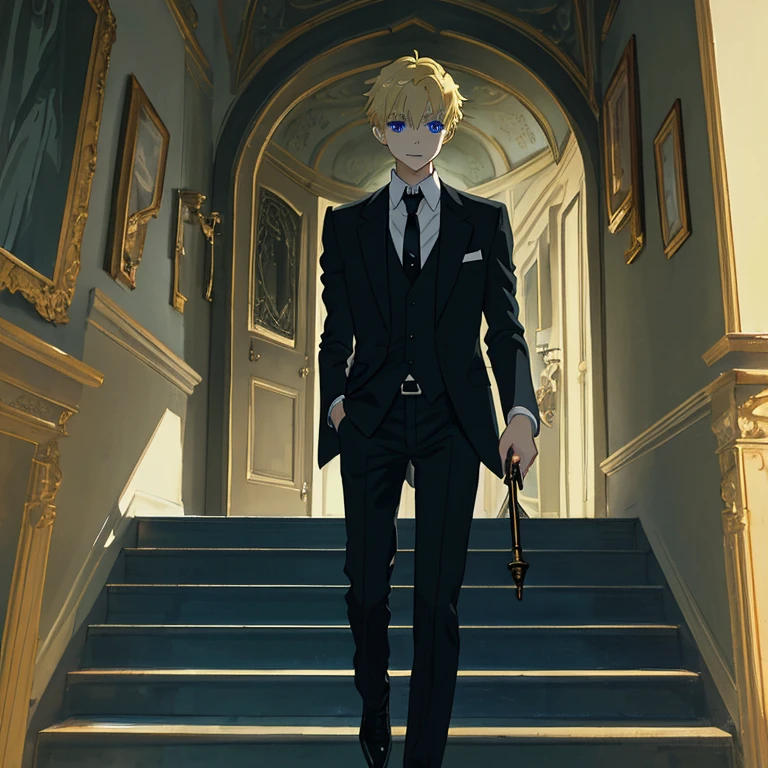 A blonde short hair man, purple eyes, standing in front of statue on art gallery, black clothes