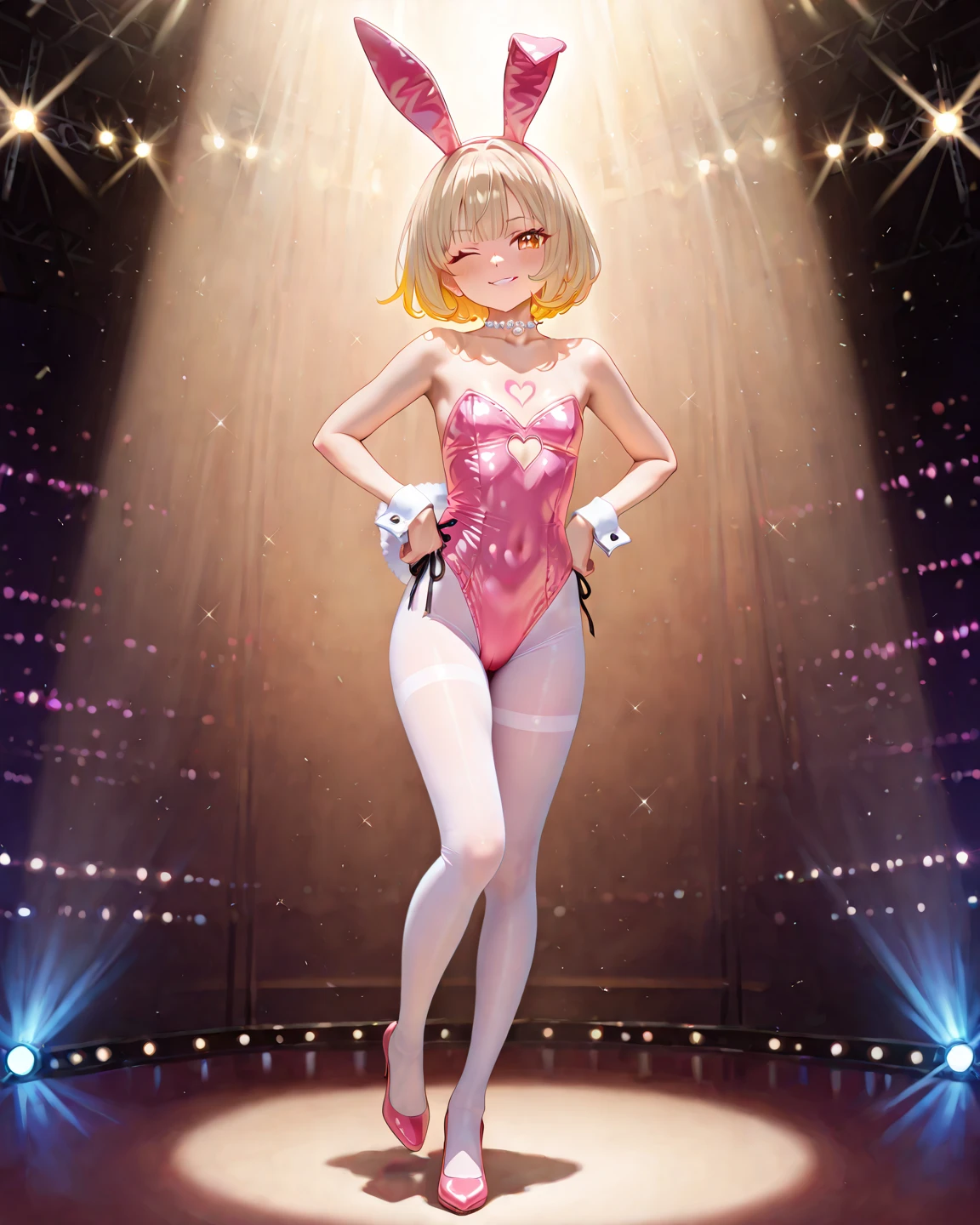 ((Masterpiece)), ((Best Quality)), (Very Detailed), ((Very Detailed)), 4K, (8K), very aesthetic, absurdres highres, 1 woman, (anthropomorphic Rabbit, furry, kemono:1.5), Woman dancing on the dance floor with flashing colorful neon lights in a disco club at night. Beneath a ceiling of glittering mirror balls, women spin energetically and wear strappy high heels. The backlight highlights the hair, which is well-balanced in a three-part composition. A warm-colored spotlight shines on her, giving off an exhilarating feeling of fun and freedom at a party.