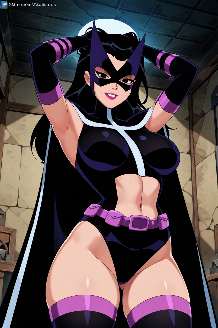 Huntress_JLU, cape, long cape, black hair, long hair, mask, leotard, navel, gloves, solo, smile, bodysuit, room, standing, Masterpiece, Best Quality, Breasts, 