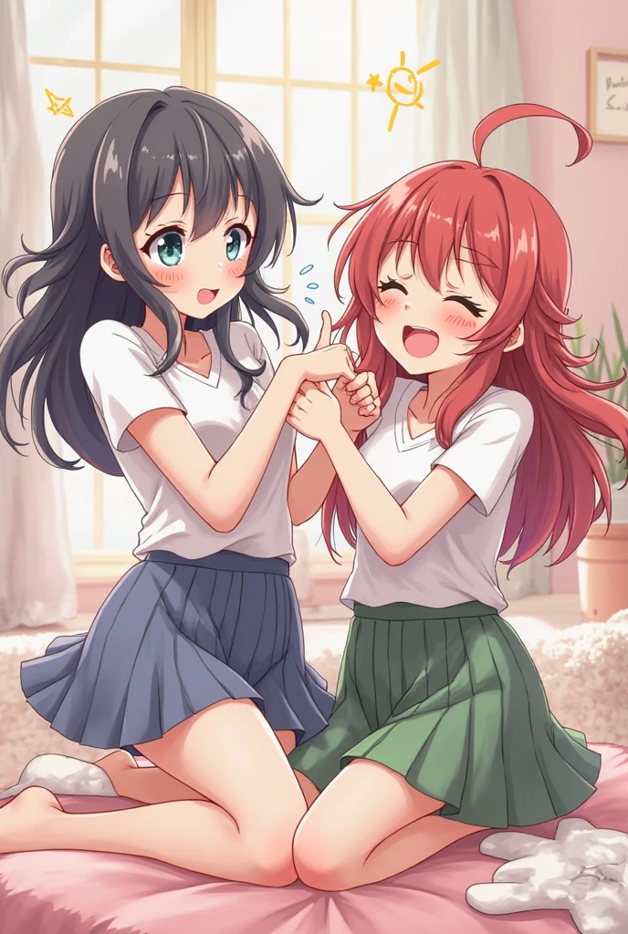 2D anime illustration、Sisters tickling each other&#39;s bodies