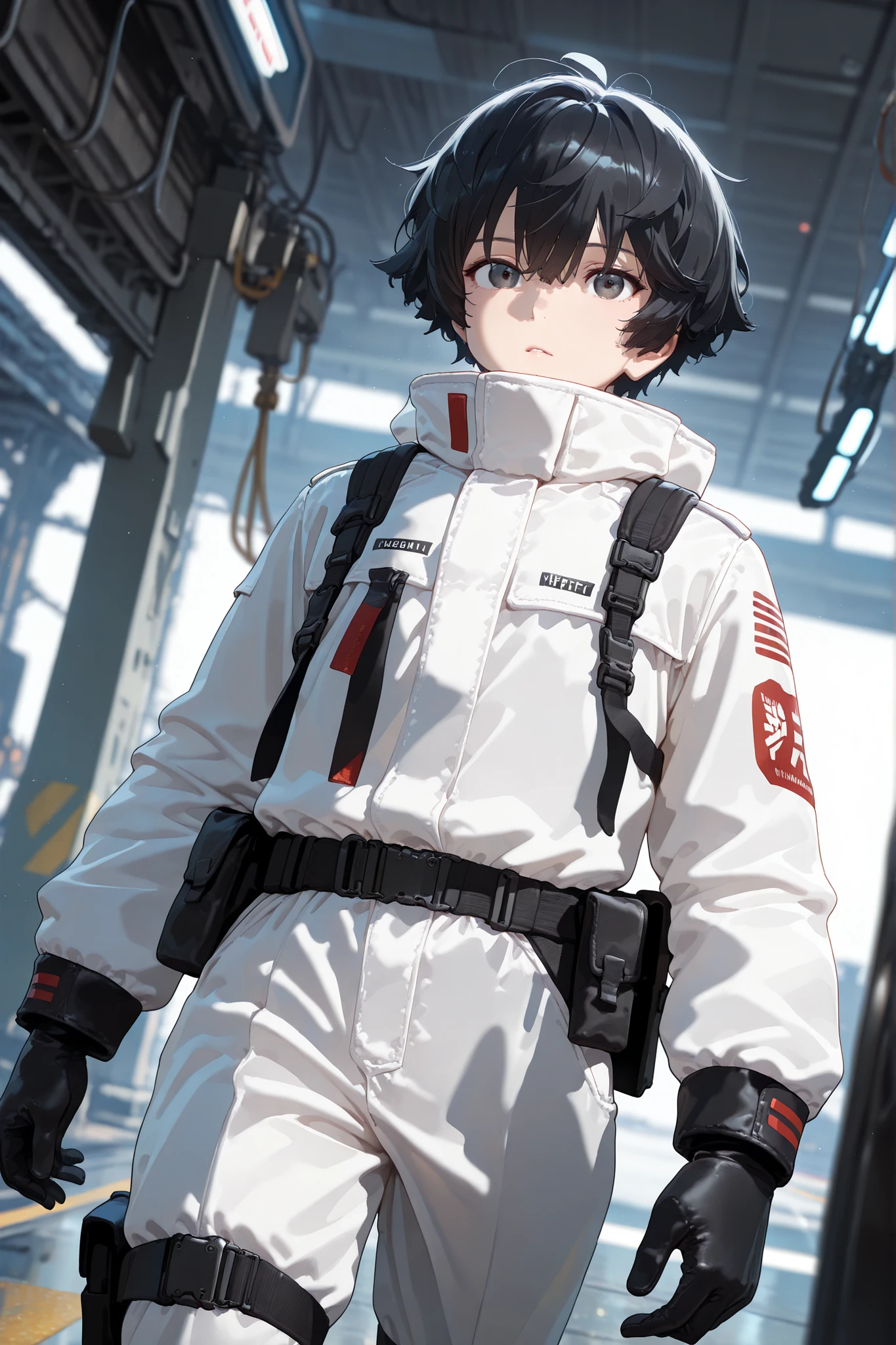 1boy, young, sci-fi military, black hair, asian, asian features, messy haircut, wearing white space themed wearpack with white gear, utility belt, all-white attire, thick oversized wearpack, thick gloves, (Depth of field, cinematic angle), (masterpiece:1.2), (best quality:1.2), (very aesthetic:1.2), (absurdres:1.2), (detailed background), newest, perfect anatomy