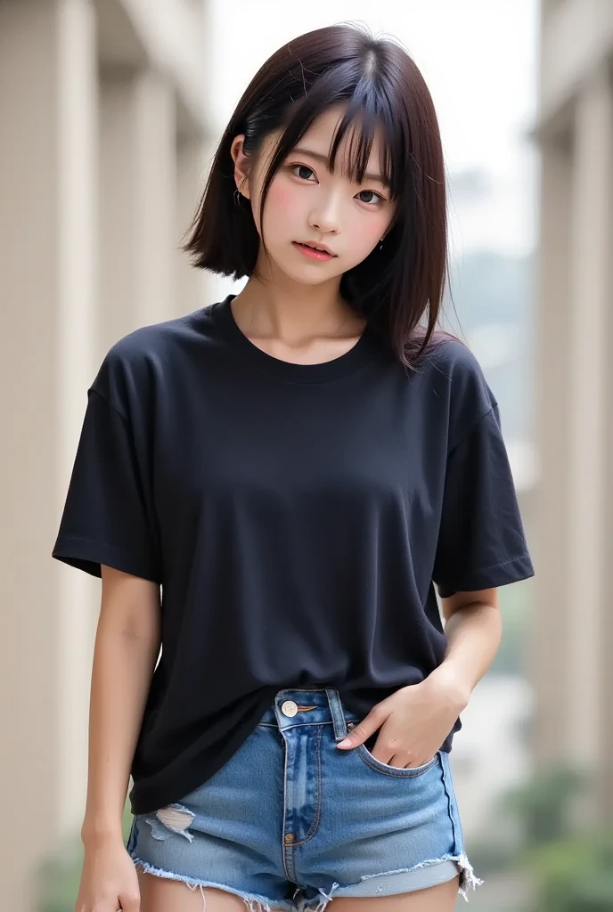 a woman wearing a black shirt and black denim shorts with short black hair, she is in a small, empty room with gray walls she is sitting on the floor with her back against the wall there is a lamp coming from the ceiling with a very long cord the woman is holding the lamp by the cord close to her face the lamp is on lighting up the environment, the entire image has a slightly grayish tone the perspective of the image is frontal where we can see the woman and her dark brown eyes, she wears makeup around her eyes, behind the woman is the gray wall, the floor is woody, the woman has a slight smile.
