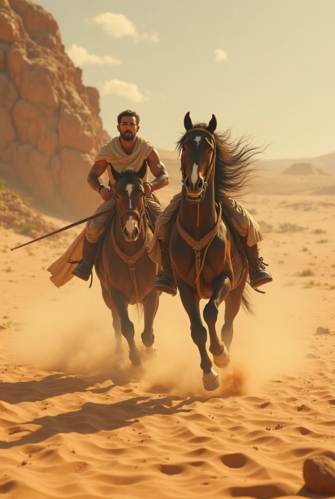 A handsome beautiful slim white skin man shirtless on top of a Roman war chariot with two horses in the desert