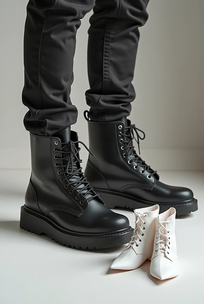 Side view, from above view, 1 pair Black Gladiator boots  , near into boots  brown paper long bag with Luis Vuitton log mark, wooden flooring , cinematic lighting ,(masterpiece, Best Quality, high resolution on down, Realistic, sharp, RAW photos from the last century, wallpaper, perfection, Professional Lighting, very detailed)