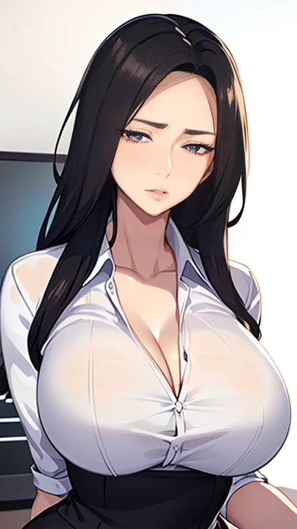 1 female(Solitary, Landlady, Korean/American, Asian facial features, 33 years old, Prominent cheekbones, Oval face, Full lips, Black Hair, long hair, Straight Hair, Layered Hair, Large target ( (((Large Breasts、Breast sagging、Low-cut,Cleavage ,Wide hips,)))((Long legs)),Hourglass figure))), slim, High, Long legs, black jacket, White shirt, Black skirt, Short skirt, Loafers, beautiful, Mature, elegant, ) Standing in the doorway of a modern apartment,Arms Crossece full of joy and domineering, beautiful, best quality, Maximum details, masterpiece, Japanese cartoons, endless, Very powerful energy, Lust energy