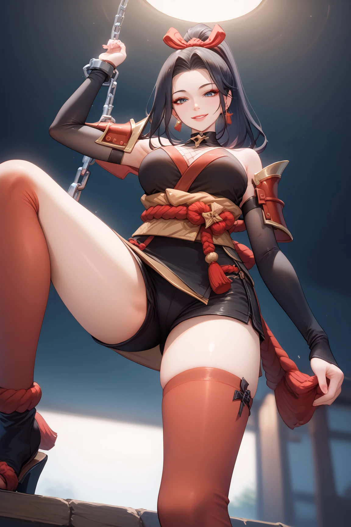 a full body illustration of momo yaoyorozu from My Hero Academia serie, she is using a spiky black ponytail, a large bang framing the right side of her face, and sharp black eyes that exuded intelligence, her well developed body garbed in fashionable attire that consisted of a flower-patterned white blouse that hung off her shoulders, a frilly red bodice and skirt, and black stockings that balanced the black choker bearing a golden, coin-shaped nameplate