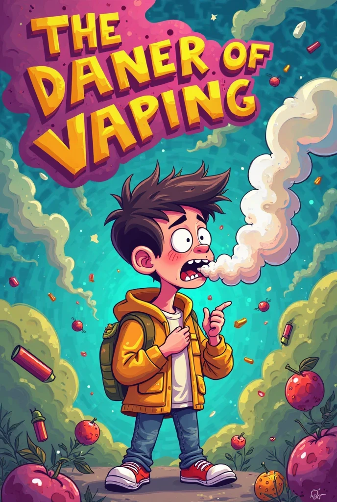 male、Around 4。
1.Eating a 5cm cigar-shaped candy、Lots of dry ice smoke coming out of my mouth
American comic book style
Black background