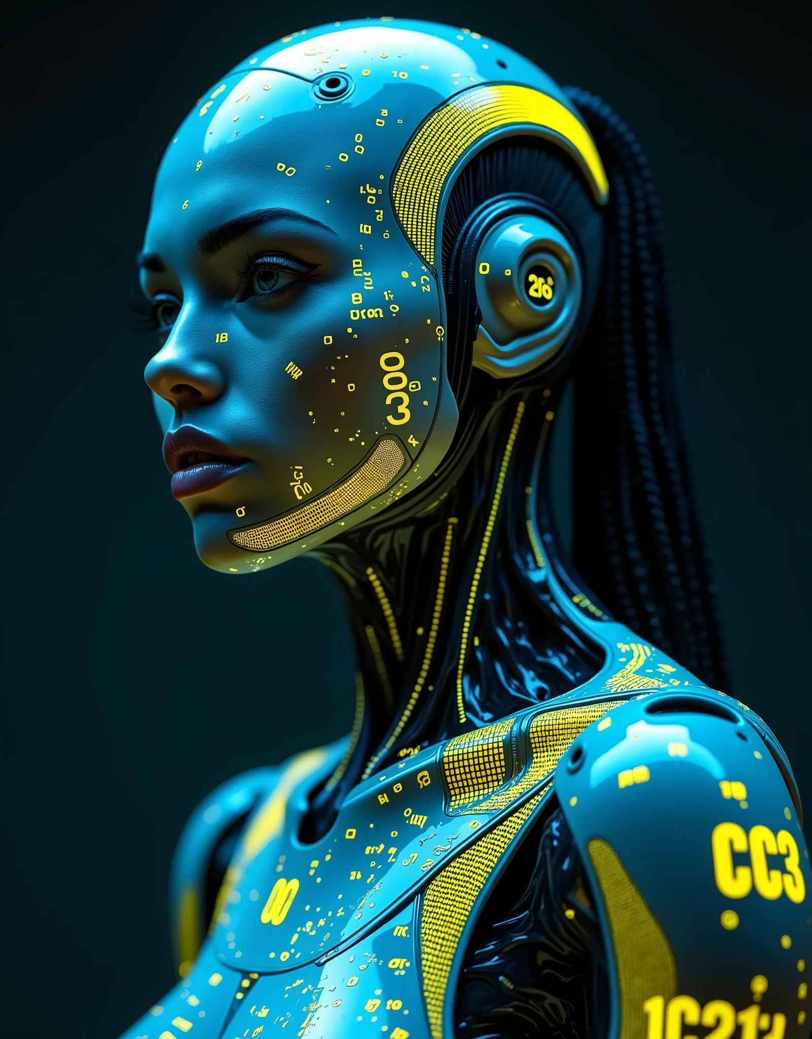 Editorial close-up: cyborg woman in blue ceramic armor, in a dark room, pure lime yellow binary code projected onto the entire surface of her face and body, 70 mm, high-precision photograph -AR 4:5 -Raw -v 7 -stylization less than 400 -HTDN92S ihhlg73 profile