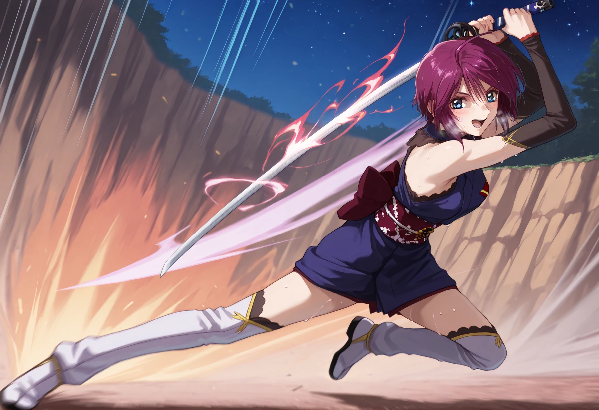 score_9, score_8_up, score_7_up, source_anime,BLE, BREAK,masterpiece,best quality, absurdres, safe 1girl,((indoor,night,,stars)),1girl,(solo),(((lunamaria:1.1))),1girl,,(((LunamariaHawke:1.1))),(((purple hair:1.3))),((ahoge:1.2)),(((short hair:1.2))),blue eyes,,(miyamoto musashi) ((bare shoulders, royal blue kimono, detached sleeves, elbow sleeve, Japanese clothes, kimono, obi, sash, sleeveless, sleeveless kimono)),sword,,NSFW,{{breathing}},full body,(Watery eye),{Wet body},,(Close-up of a girl:0.7),(((add energy to the scene. Motion Effect))), (Like a subtle blur),bokeh,full body,(nape of neck),,((Pained expression)),(((Sweat:1.4))),(grimace),blush,(((motion lines,speed line,motion blur))),(((Enduring:1.4))),(arms up) ,side view, smile outdoors , forest , nature , sword , holding sword , fighting stance , open mouth , looking at viewer , dutch angle , cowboy shot ,((outdoor)),(((no one except for 1girl:1.4))),moves violently, , Dynamic Action Pose , (((cliff))) , (((falls))) ,red fire,holding blue energy sword, battle , fight , (action pose: 1 . 4) , (vengeful spirit come's attack) , (vs vengeful spirit) , Her pose and expression convey a sense of empowerment and strength,