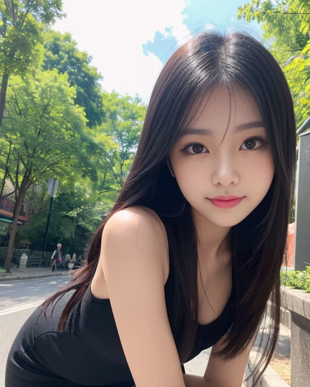 (Best-quality, Masterpiece, Ultra-High-Resolution, (Photorealistic:1.4), Raw Photo, depth of field, professional lighting, perfect anatomy, extremely details), ((((Magnificent-view)))), ((on balcony at luxury-hotel)), 1girl, 15-years-old, the most famous Japanese-idol, dynamic-pose, wearing casual-clothes with cute-design, looking at viewer, ((innocent-smile)), ((extremely cute and extremely childish face like the most popular Japanese-idol, ((extremely cute and extremely big black-eyes)), extremely beautiful black-long-hair, (((extremely beautiful and extremely realistic skins))), extremely cute lips, extremely cute long-eyelashes, extremely skinny body))